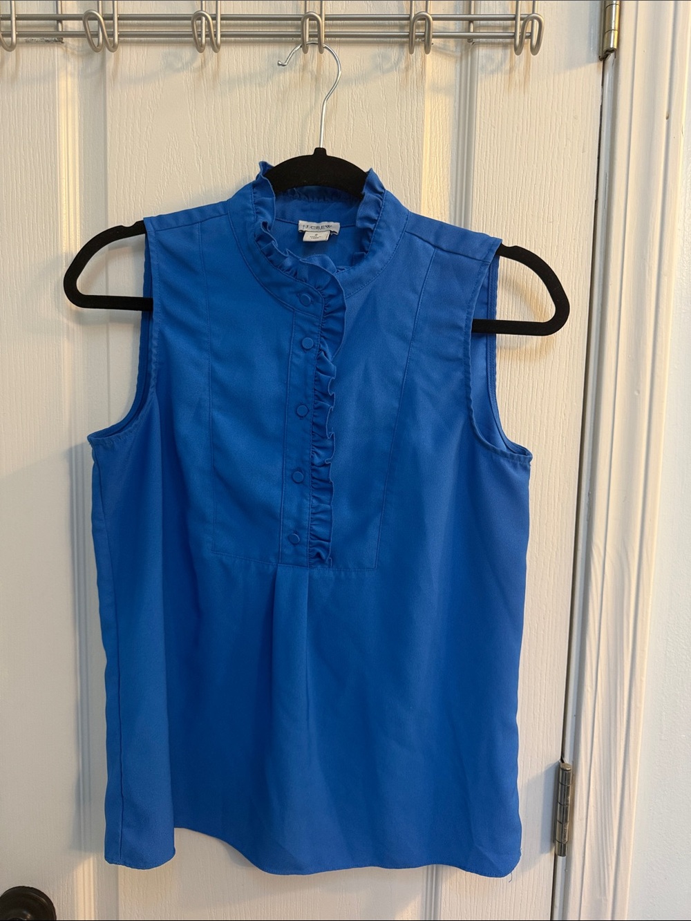 J. Crew Sleeveless Ruffle-Front Blouse in Bright Blue